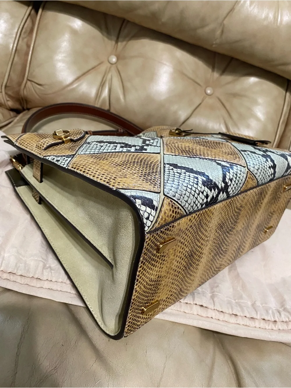 LKNW Tory Burch Lee Radziwill Large Double Bag Leather Snake Python Green Beige
